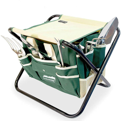 GardenHOME 7-Piece Gardening Tool Set – Stainless Steel Hand Tools with Wooden Handles, Folding Stool, and Canvas Tote Bag, Yard Maintenance Kit for Gardeners, Women, and Beginners