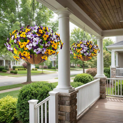 2 Set Artificial Outdoor Pansy Flowers with Hanging Baskets, 2 Hanging Baskets with 24 Pcs Silk Flowers for Spring Easter Decorations Porch Patio Home Decor (2, Purple, Yellow, White, Light Purple)