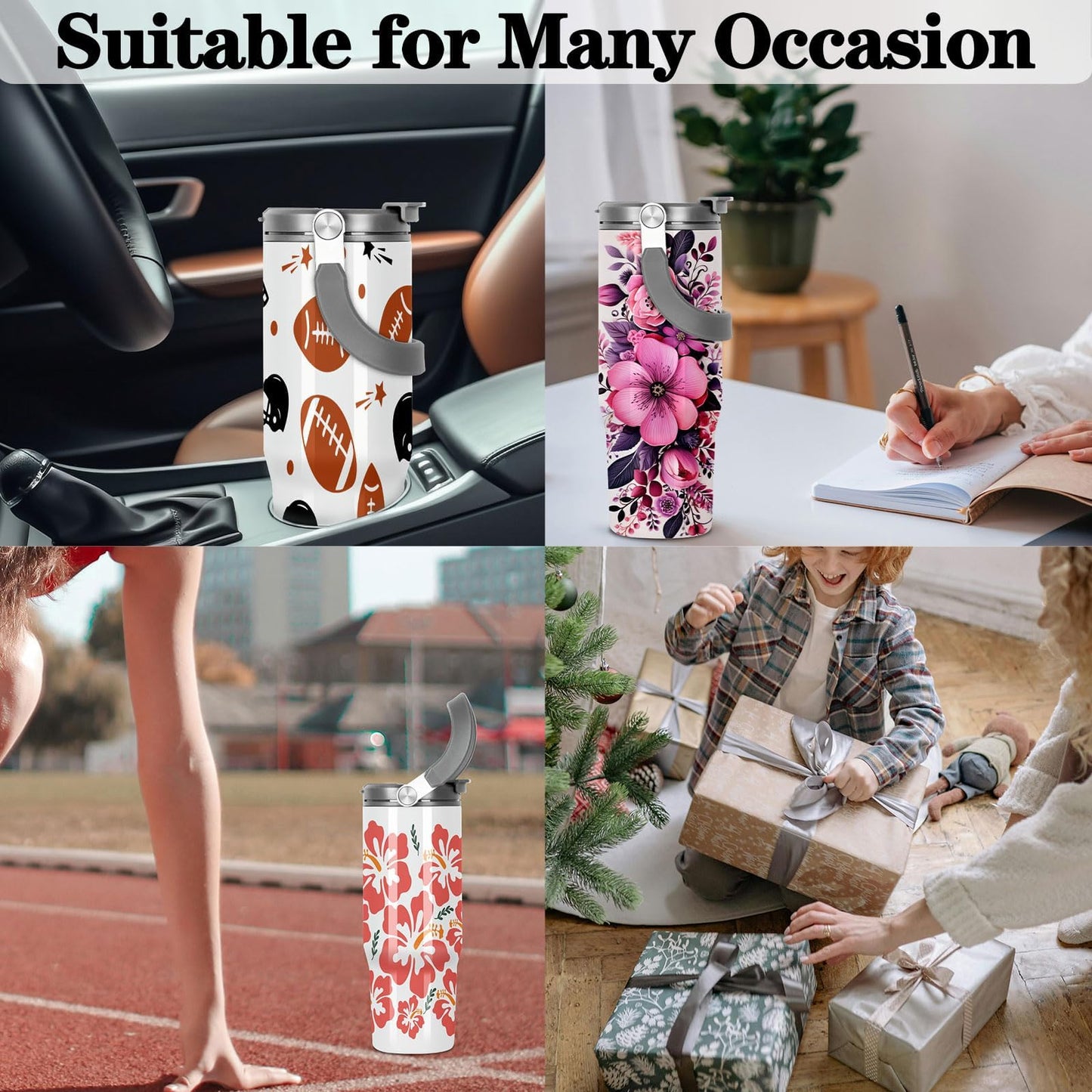 Tswofia 30 Oz Sublimation Tumblers Blank with Portable Handle, Stainless Steel Sublimation Cup with Straw Leakproof Flip, Individually Boxed (4 Pack)
