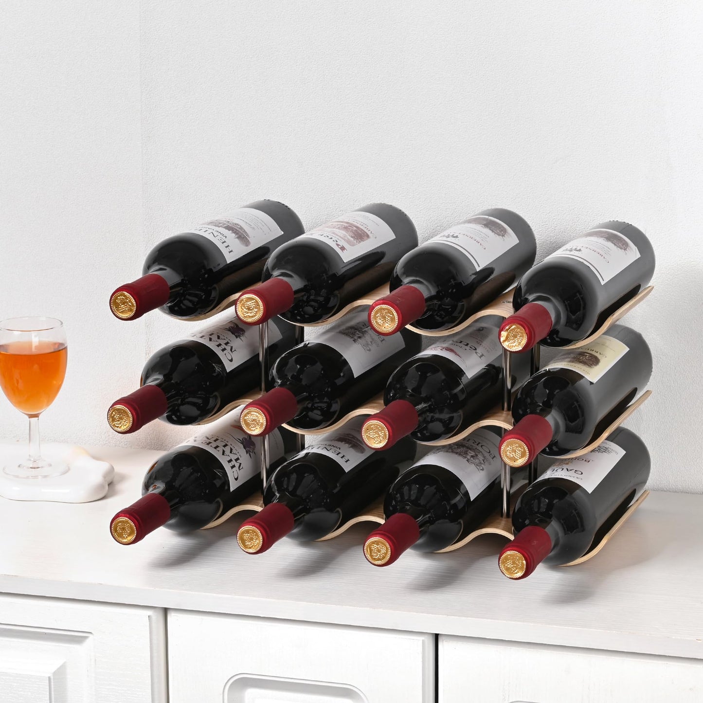 TRUDING Countertop Wine Rack - 12 Bottle Freestanding Wine Bottle Holder Stand - 3 Tier Wooden Wine Storage Rack - Wavy Wine Organizer for Cabinet Pantry Home Kitchen Bar