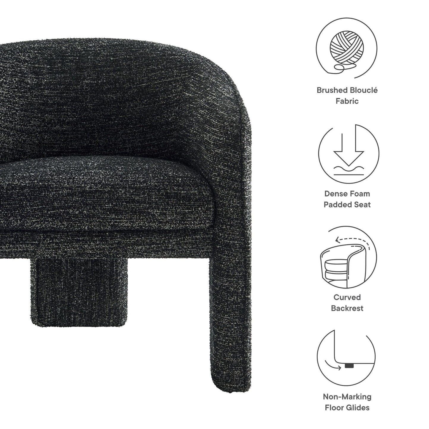 Modway Greer Comfy Barrel Accent Chair with 3 Legs in Charcoal Boucle Fabric – Cozy Round Reading Armchair – Mid Century Modern Upholstered Wide Barrel Dining Chair with Curved Back