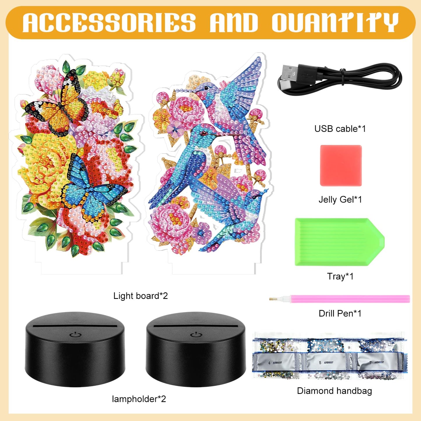 VIHOSE 2 Pcs Diamond Painting Night Light Butterfly&Birds Diamond Art Lamp DIY Light up Crafts Desktop Ornaments for Adults DIY Beginner Table Tabletop Decor Bedrooms Living Room