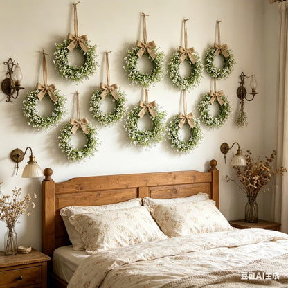 12 Pcs Mini Baby Breath Hanging Wreaths Gypsophila Candle Rings Pillar Holder Wreath Artificial Flower Spring Summer Floral Wreath for Wedding Farmhouse Porch Cabinets Table Decoration