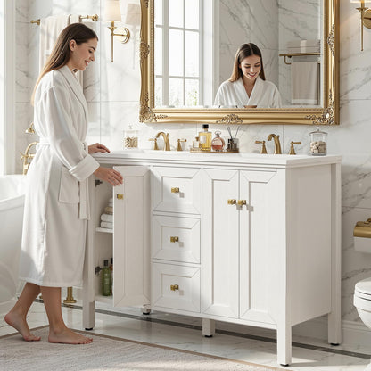 YITAHOME 47 Inch Bathroom Vanity with Double Sink, Retro Bathroom Storage Cabinet with Sintered Stone Countertop, Six Holes, 4 Doors & 3 Drawers