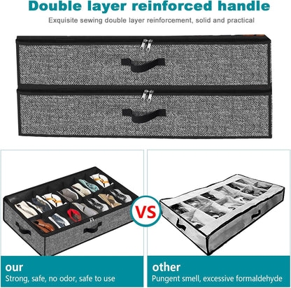 Under Bed Shoe Storage Organizer, 2 Pack for 28 Pairs, Clear Window, Foldable Shoe Rack Holder, Black