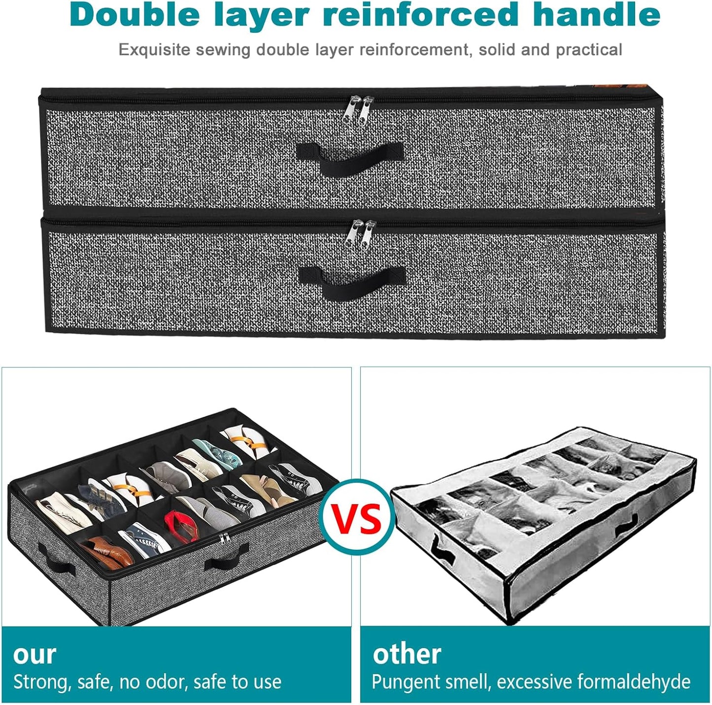 Under Bed Shoe Storage Organizer, 2 Pack Fits 32 Pairs, Clear Window, Foldable Shoe Rack Holder, Black