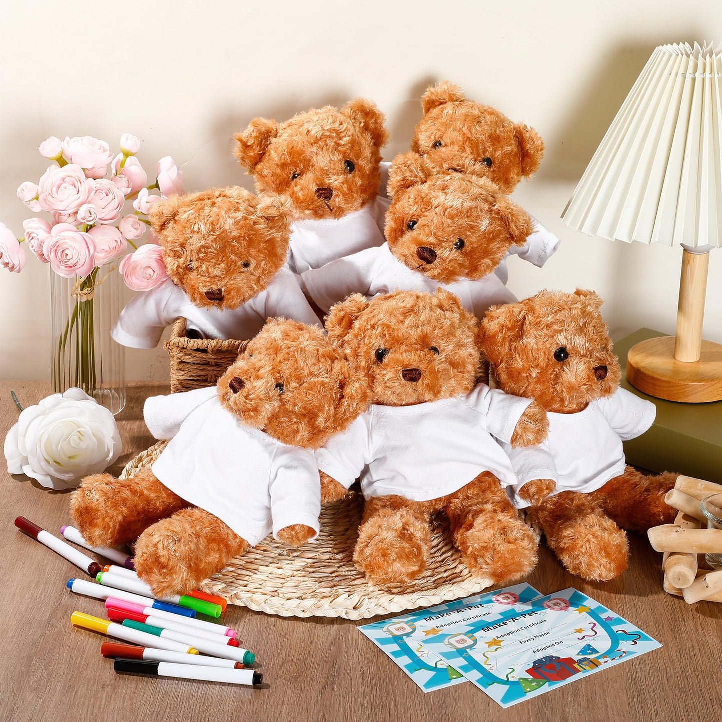 Blueweenly 60pcs 15 Set Make Your Own Stuffed Animal Kit Including 9.84 Inches Velvet Animal T Shirt 12 Colors Pens and Thank You Card DIY Stuffed Plush Gift for Arts Crafts(White)