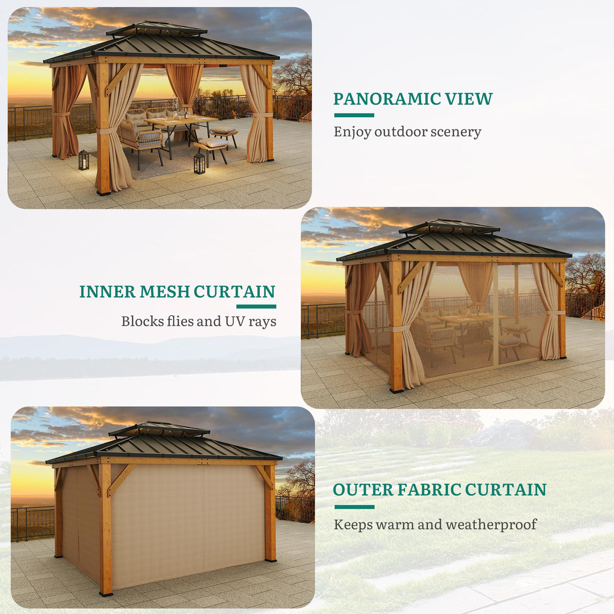 YITAHOME 11x13ft Wood Gazebo Outdoor Wooden Frame Double Roof Hardtop Galvanized Steel Top Canopy w/Curtain and Netting, Patio Heavy Duty Gazebo for Deck, Backyard, Beige Yellow