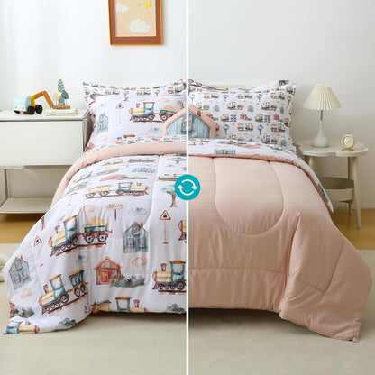 Sets 8 Set Country Set, Mooreeke Kids Full Comforter for Boys Pieces Train Bedding for Teens Microfiber Train Town Kids