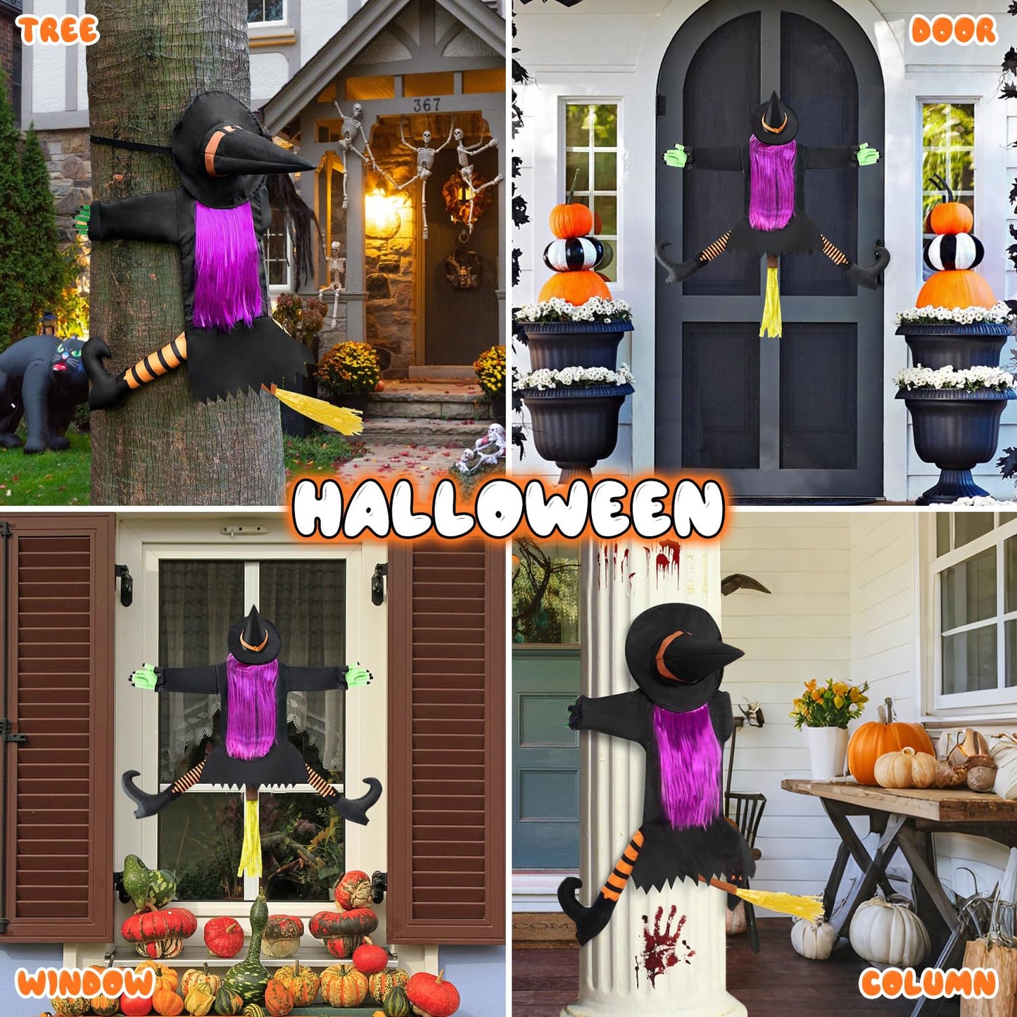 Qivine 39.4" Crashing Witch Halloween Decoration, Flying Crashing Witch into Tree, Halloween Outdoor Decor with Durable Nylon, Flying Witch on Broom Colliding for Yard Garden Porch Tree