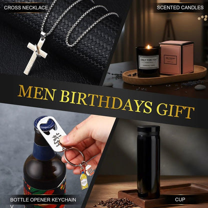 Afarnook 13 Pcs Birthdays Gifts Baskets for Men Get Well Gifts Set for Men Father's Day Gift Box Tumbler Wallet Robe Scented Candle Notebook Sock Bracelet for Father Dad Boyfriend Husband(Black)