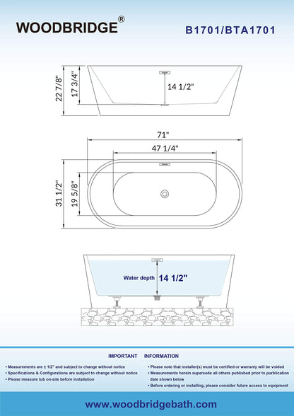 WOODBRIDGE 71" Acrylic Freestanding Bathtub Contemporary Soaking White Tub with Oil-Rubbed Bronze Overflow and Drain,White,B1701 ORB