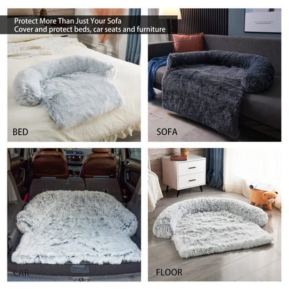 Dekeyoo Waterproof Calming Dog Bed, Pet Couch Protector Plush Dog Mat Dog Sofa, Pet Furniture Cover with Soft Neck Bolster, Machine Washable Silver Gray Large