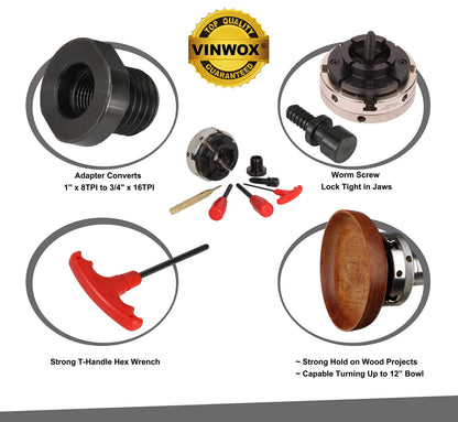 VINWOX 4INCH 4-Jaw Self-Centering Wood Lathe Chuck, 2" Round Jaw Mounted, 1"x8TPI thread & 3/4"x16TPI Adapter, T Allen Wrench, Screw Chuck, SCR4-4, Nickle electric Coating Body