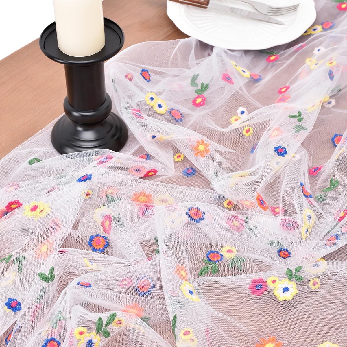 Joanlody 6pcs Ivory Summer Flower Table Runner 10ft Embroidery Daisy Floral Seasonal Tulle Table Runner for Home Garden Tea Party Holiday Birthday Decoration