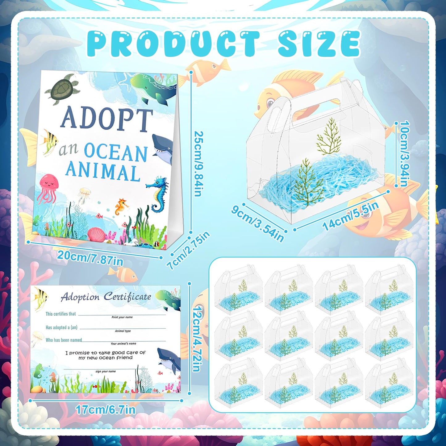 86 Pcs Adopt an Ocean Animal Party Favors Includes 12 Plush Sea Animals 12 Clear Favor Boxes 12 Adoption Cards 1 Adoption Sign Blue Raffia 48 Artificial Water Plants for Kids Sea Animal Adopt Party