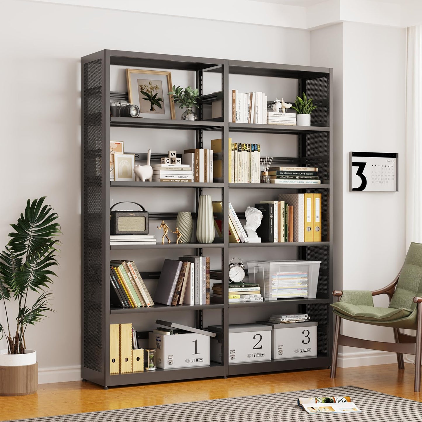 SteeLoong 5 Tier Bookshelf,Metal Storage Shelves Black Bookcase with 4 Adjustable Shelves,Shelving Unit Shelf Organizer,Tall Bookshelf Shelves for Living Room,Office（1 Main Shelf +1 Subframe Shelf）