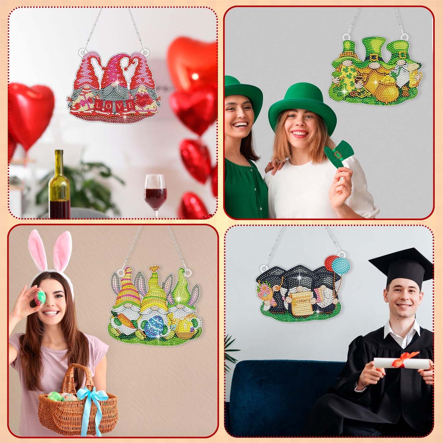 Chunful 20 Pcs Seasonal Diamond Art Wreath Kits Holidays Spring Summer 5d DIY Diamond Art Painting Hanging Sign 4th of July Ornament for Adult Office Holiday Wall Home Decoration(Gnome)
