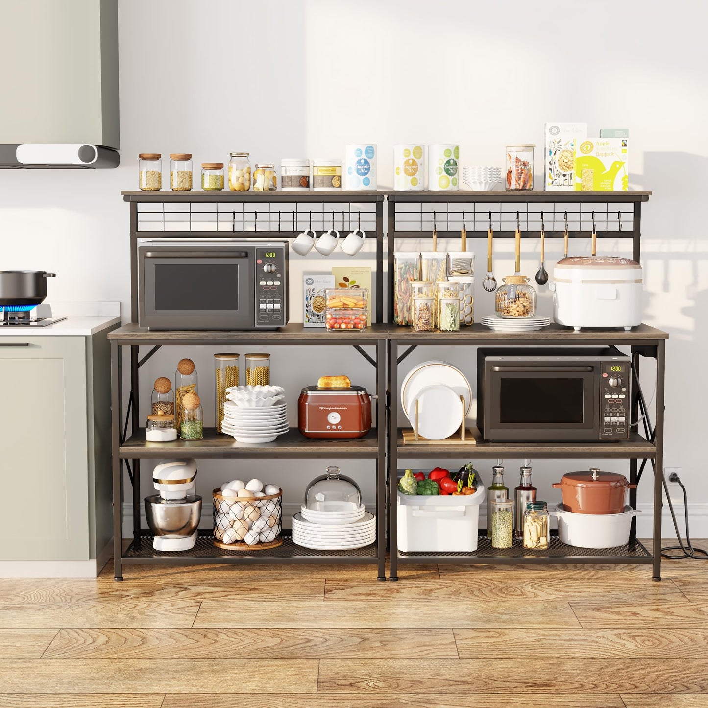 Furologee Kitchen Bakers Rack with Power Outlet, Microwave Oven Stand with Storage 4 Tiers, Coffee Bar Table with 6 S Hooks, Kitchen Storage Shelf Rack for Spices, Pots, Rustic Brown
