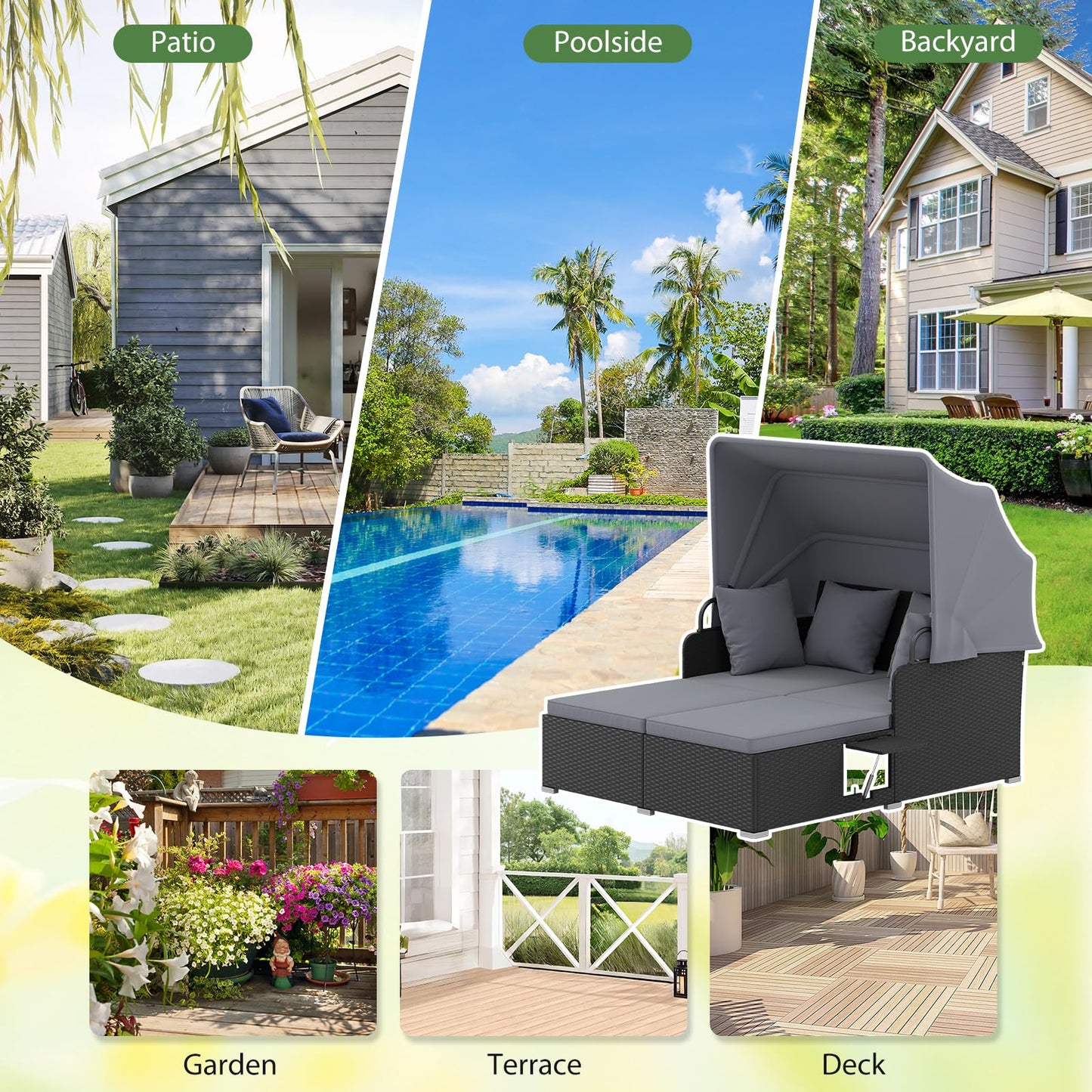 DREAMADE Outdoor Daybed with Canopy, 2 Person Rattan Sunbed with Cushions, 4 Pillows & 2 Foldable Side Trays, Patio Daybed for Backyard, Garden, Poolside, Balcony (Grey)
