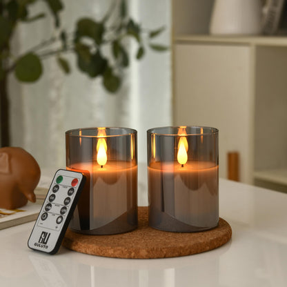 Guluto Glass Battery Operated LED Flameless Candles, Set of 2, D 3" x H 5", Real Wax Pillar Flickering Candles with Remote and Timer, Electronic Candle with 3D Wick for Festival Home Party Decor Grey