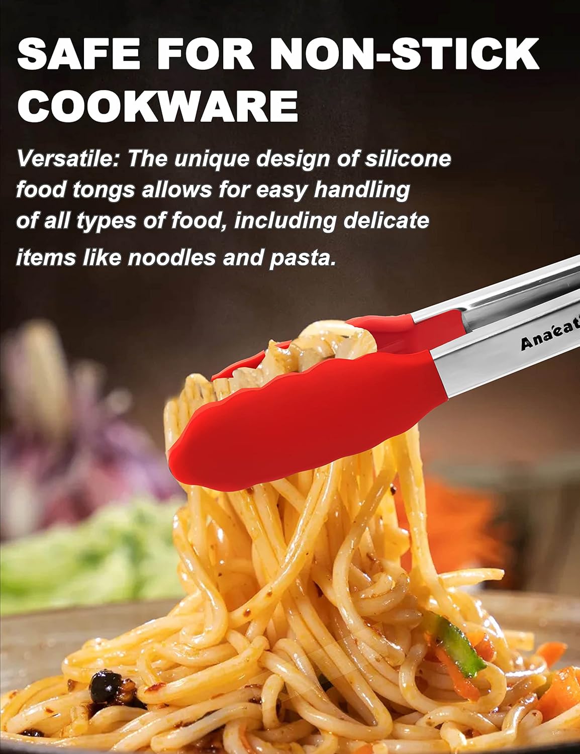 Anaeat Non-Stick Silicone Locking Tong Set of 3 - 7", 9" and 12" Kitchen Food Tongs with Non-Slip Tips, Heat Resistant