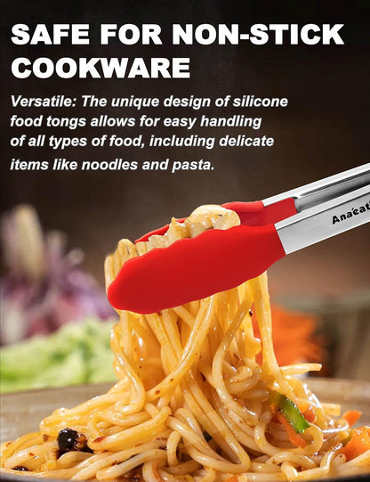 Anaeat Non-Stick Silicone Locking Tong Set of 3 - 7", 9" and 12" Kitchen Food Tongs with Non-Slip Tips, Heat Resistant