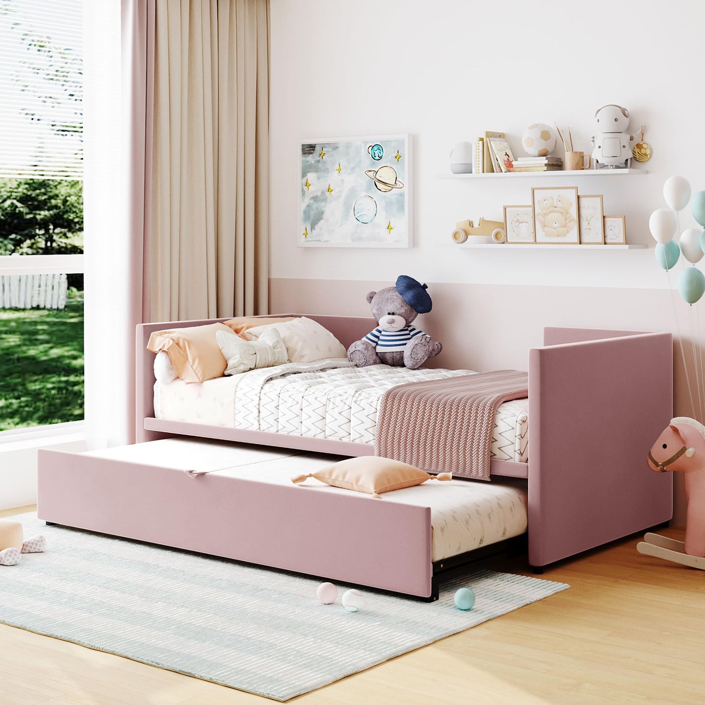Brisca Twin Velvet Upholstered Daybed with Pop Up Trundle,Extendable Wooden Bed Frame,W/Backrest and Armrests, King-Size,for Living Room Apartment,Pink