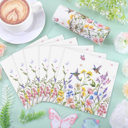 NatNarr 100 Pcs Wildflower Napkins, 2-Ply Floral Cocktail Napkins Spring Decoupage Napkin Butterfly Hummingbird Flower Dessert Beverage Napkin for Mothers Day, Baby Shower, Tea Party