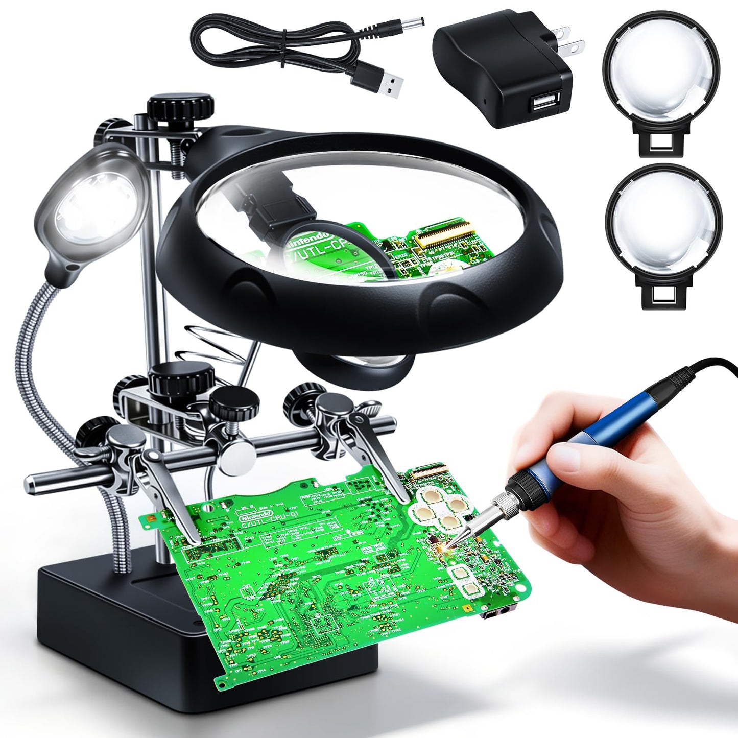 Helping Hands Magnifier Soldering Station with LED Light,LXIANGN 2.5X 7.5X 10X Desktop Magnifying Glass with Stand with Auxiliary Clamp for Miniature Painting,Model,Repair,Crafts,Hobby