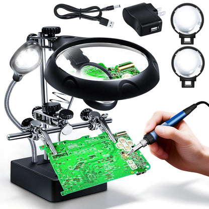 Helping Hands Magnifier Soldering Station with LED Light,LXIANGN 2.5X 7.5X 10X Desktop Magnifying Glass with Stand with Auxiliary Clamp for Miniature Painting,Model,Repair,Crafts,Hobby