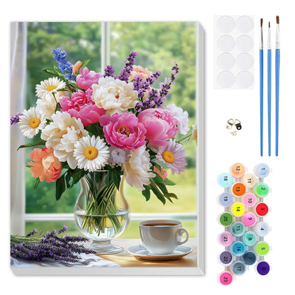MEIYUDA Flowers Framed Paint by Numbers Adult Kit, DIY Flowers Vase Paint by Numbers with Frame, DIY Oil Painting by Number Kits for Home Wall Decor and Presents 12x16In