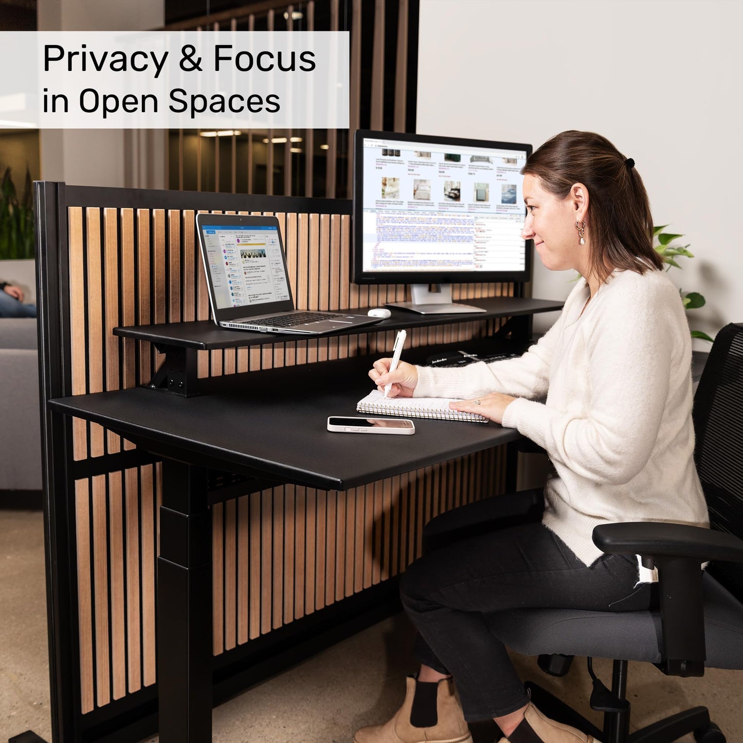 Grove Modular Wall | Room Divider with Faux Wood Slats, Sound Dampening Panels | Expandable Office Partition for Privacy & Stability (70" x 48")