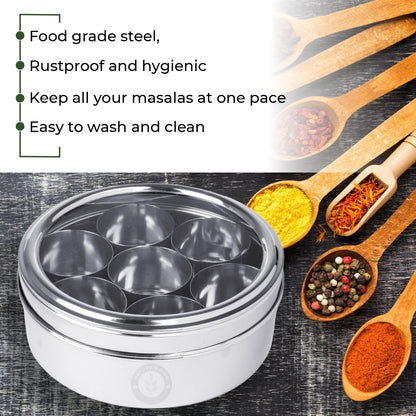 Nature's Own Stainless Steel Spice Box with Non-Breakable Transparent Glass, 7 Containers and 1 Spoon, Spice Box (22CM)
