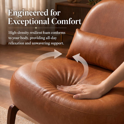 Trygoal Mid Century Modern Leather Armless Accent Chair, MCM Curved Back Lounge Chairs with Tilted Solid Wood Legs & Thick Lumbar Pillow, Single Cloud Sofa for Living Room Reading Nook (Brown)