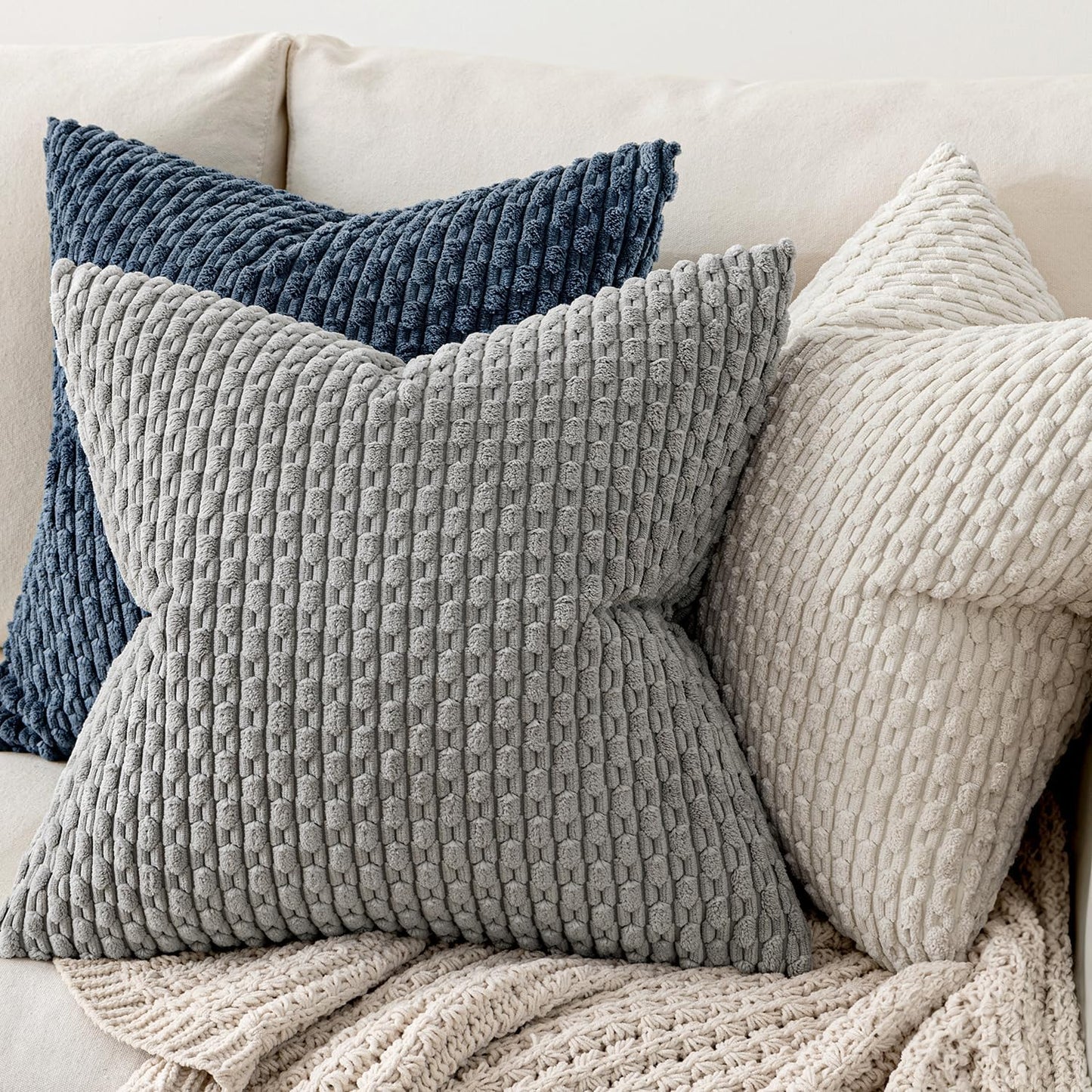 MIULEE Decorative Throw Pillow Covers - Soft Boho Striped Textured Corduroy | 18x18 Inch, Cream White
