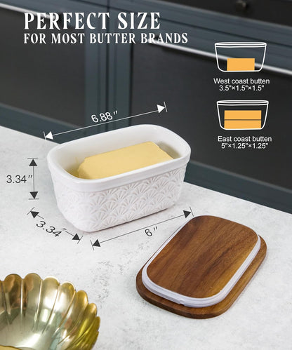Countertop, Nucookery Ceramic Butter Dish, Embossed Butter Keeper with Wood Lid for Butter Holder and Container