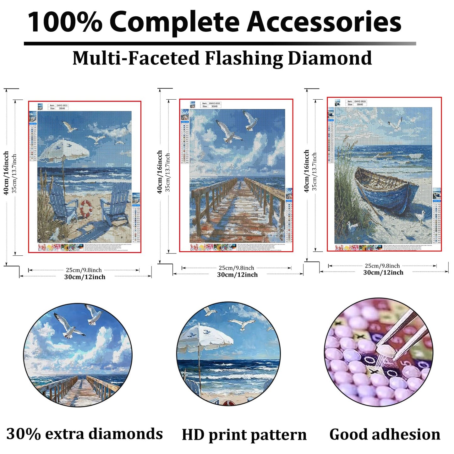 Pxzcrypha 3 Pack Beach Diamond Art Kits for Adults, 5D Beach Diamond Painting Kit for Adults Beginners,DIY Full Drill Paint with Diamond Gem Art for Home Wall Decor 12x16inch
