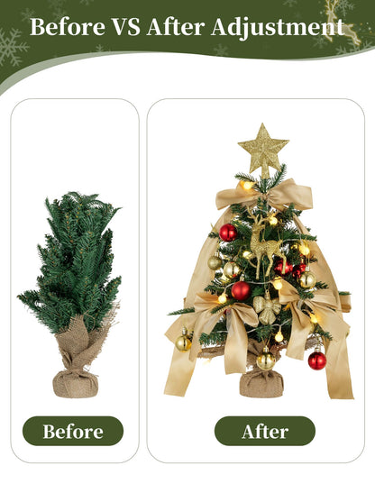 BLOSMON Small Christmas Tree with Lights: 2ft Mini Table Top Christmas Tree with 25 LEDs Timer Gold Ribbon Bow Reindeer for DIY- Lighted Artificial Xmas Trees for Home Office Desk