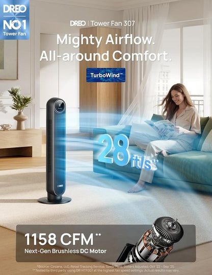 DREO Tower Fan - Ultra Quiet Bladeless Design with 8 Speeds & 90° Oscillation | High Velocity 28ft/s, Black