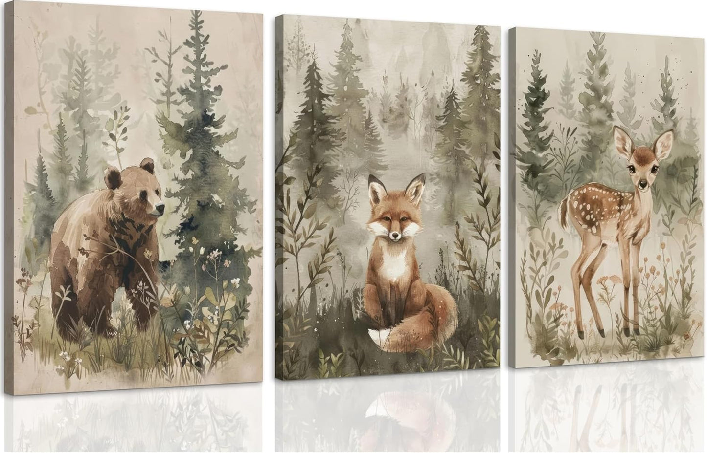 ICHZUMW 12x16in, Set 3 Woodland Animals Nursery Wall Decor, Nursery Wall Art, Watercolor Bear Fox Deer Painting Print