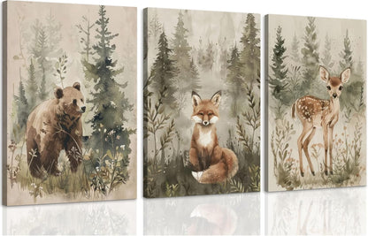 ICHZUMW 12x16in, Set 3 Woodland Animals Nursery Wall Decor, Nursery Wall Art, Watercolor Bear Fox Deer Painting Print