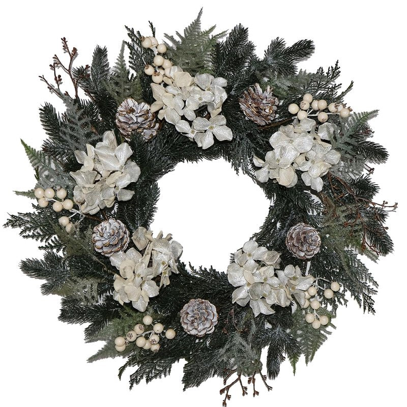 BINFEN 20” Glitter Pine Christmas Winter Wreath with Metallic Silk Hydrangea Pinecone & White Berry – Mixed with Norfolk Cypress Cedar & Spruce, Wreaths for Front Door Porch Mantel & Fireplace Decor