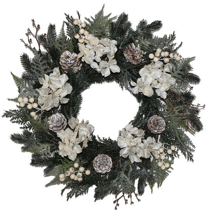 BINFEN 20” Glitter Pine Christmas Winter Wreath with Metallic Silk Hydrangea Pinecone & White Berry – Mixed with Norfolk Cypress Cedar & Spruce, Wreaths for Front Door Porch Mantel & Fireplace Decor