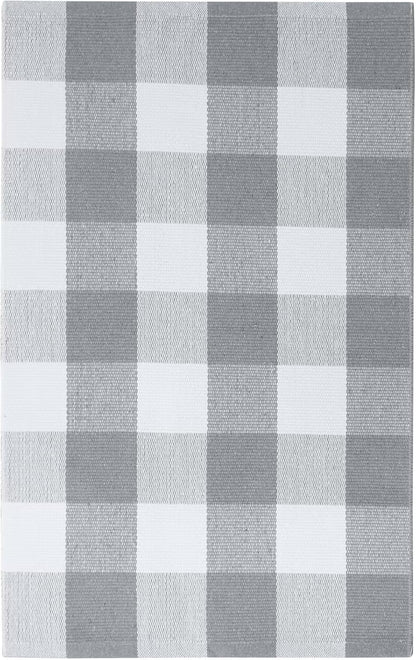 KOZYFLY Buffalo Plaid Rug 27.5x43 Inches, Grey and White Hand Woven Cotton Washable Indoor Rug