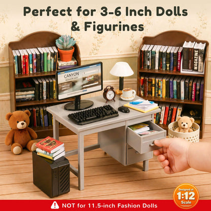 1:12 Scale Mini Desk Set with 100 Mini Books & 2 Bookshelves — Miniature Dollhouse Furniture Set with Office Chair, Computer & 15+ Accessories — Mini Desk Accessories for Doll House Diorama