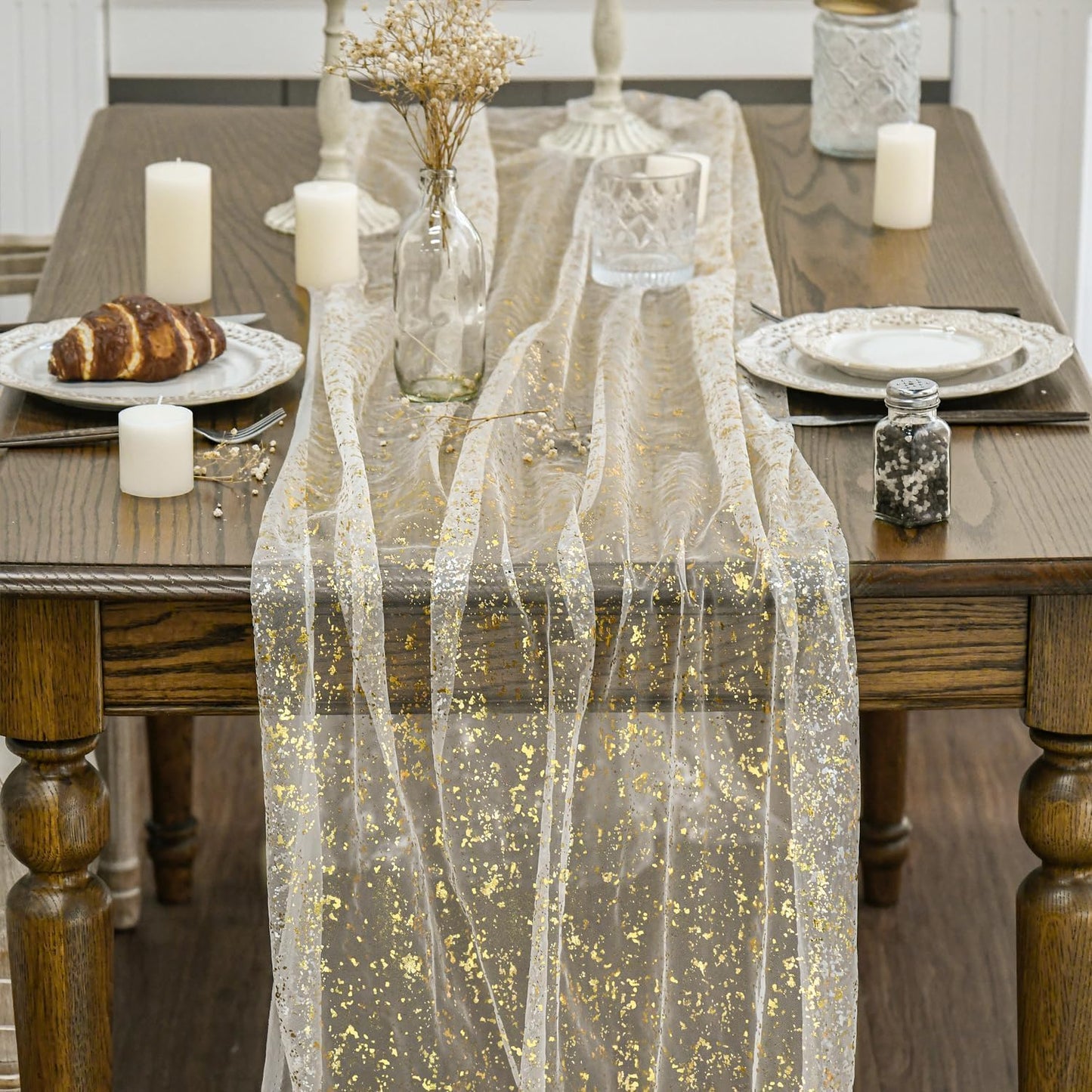 120 Inch 10FT, Artoid Mode Beige Gold Gauze Table Runner Glitter Metallic Foil Sheer Dining Wedding Anniversary Holiday