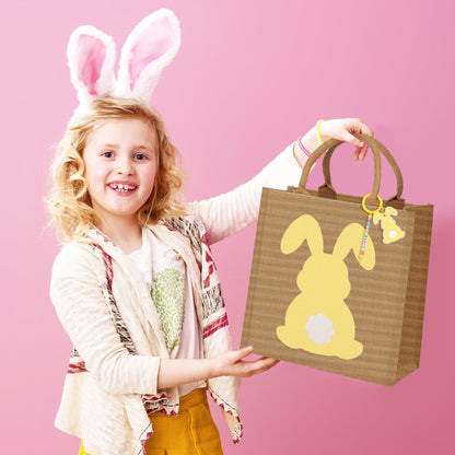 Hillban 4 Sets Personalized Easter Burlap Gift Bags Reusable Large Egg Hunt Bunny Tote with Handles and DIY Name Beads Keychain Making Kit for Women Jute Baskets for Easter Party Favors Gifts Storage