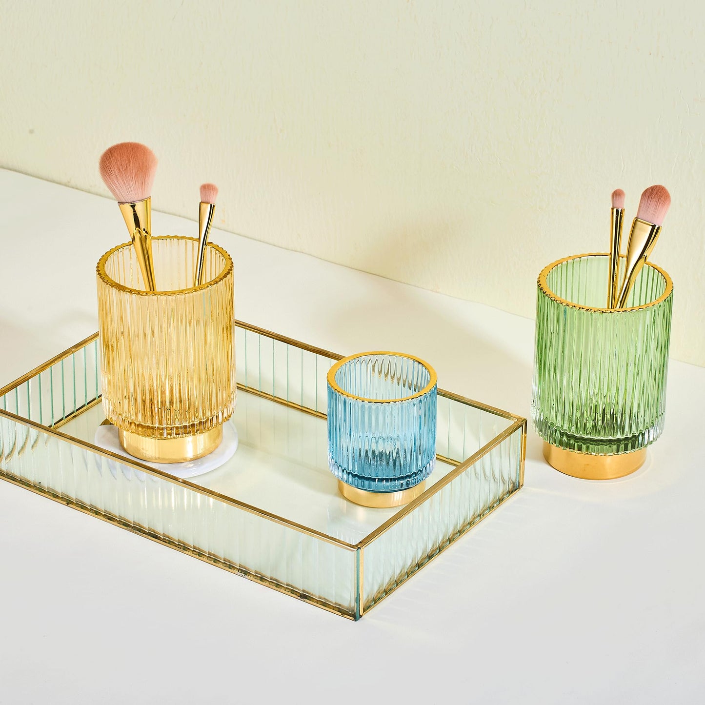 LEICURACE Makeup Brush Holder Organizer,Toothbrush Holders,Desk Pen Pencil Holder,Multifunctional Vintage Glass Brush Cup（L/Gold/A3-7-US）