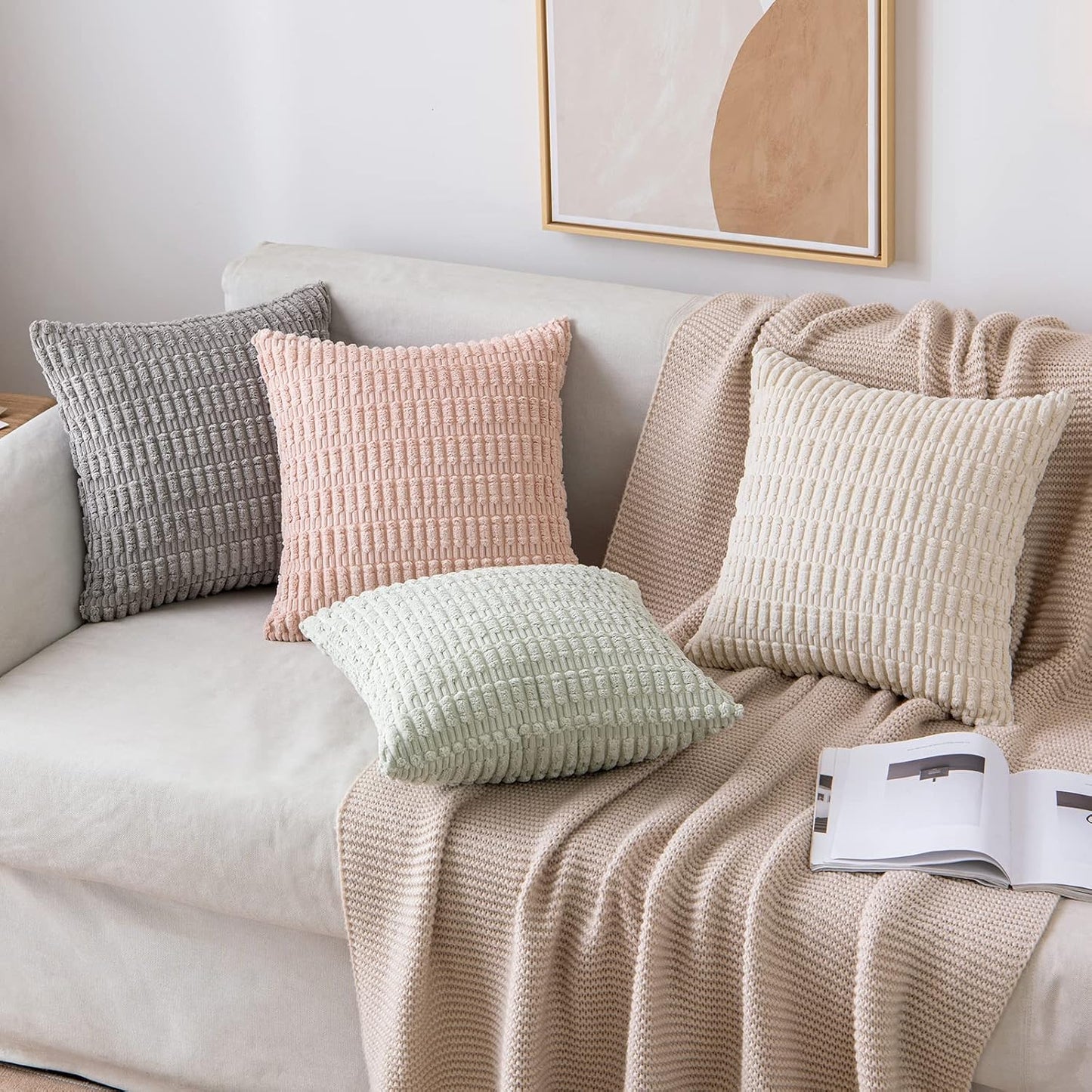 MIULEE Euro Sham Pillow Covers - Soft Boho Striped Corduroy | Set of 2, 22x22 Inch, Cream White